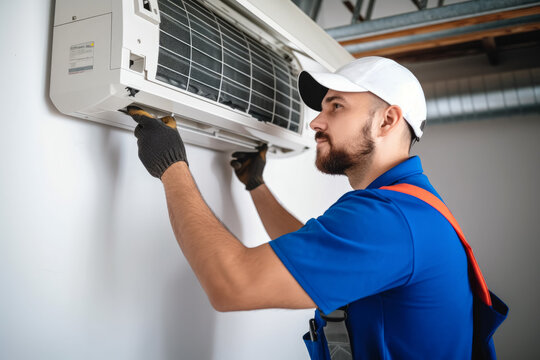 Air conditioning technician servicing a wall-mounted AC unit in Flagstaff, AZ