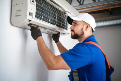 360_F_621046421_Vcay4nYa8ozdeodOQVDfES6MRrC6N3b8 Air conditioning technician servicing a wall-mounted AC unit in Flagstaff, AZ