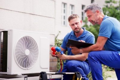 ac-installation-in-claremont-ca HVAC technicians reviewing an outdoor air conditioning unit in Flagstaff, AZ